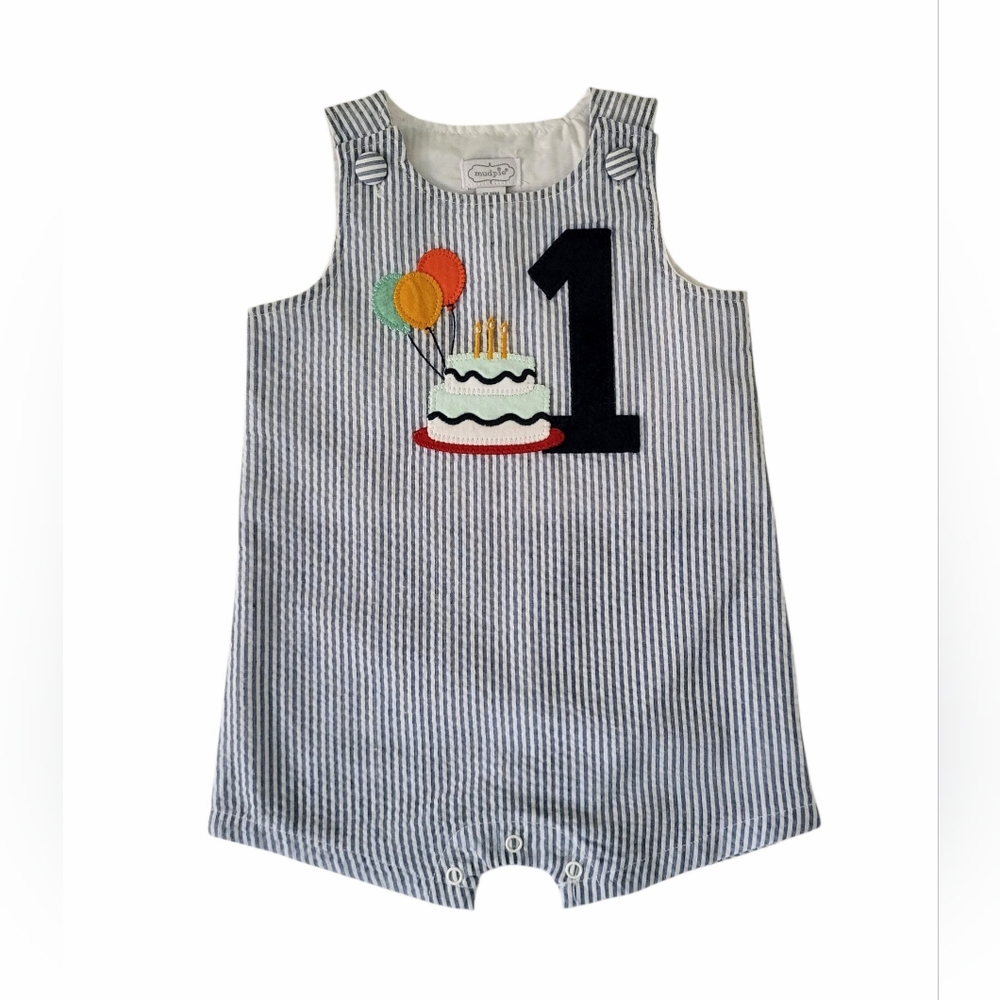 Mud Pie Blue & White Seersucker 1st Birthday Cake Romper